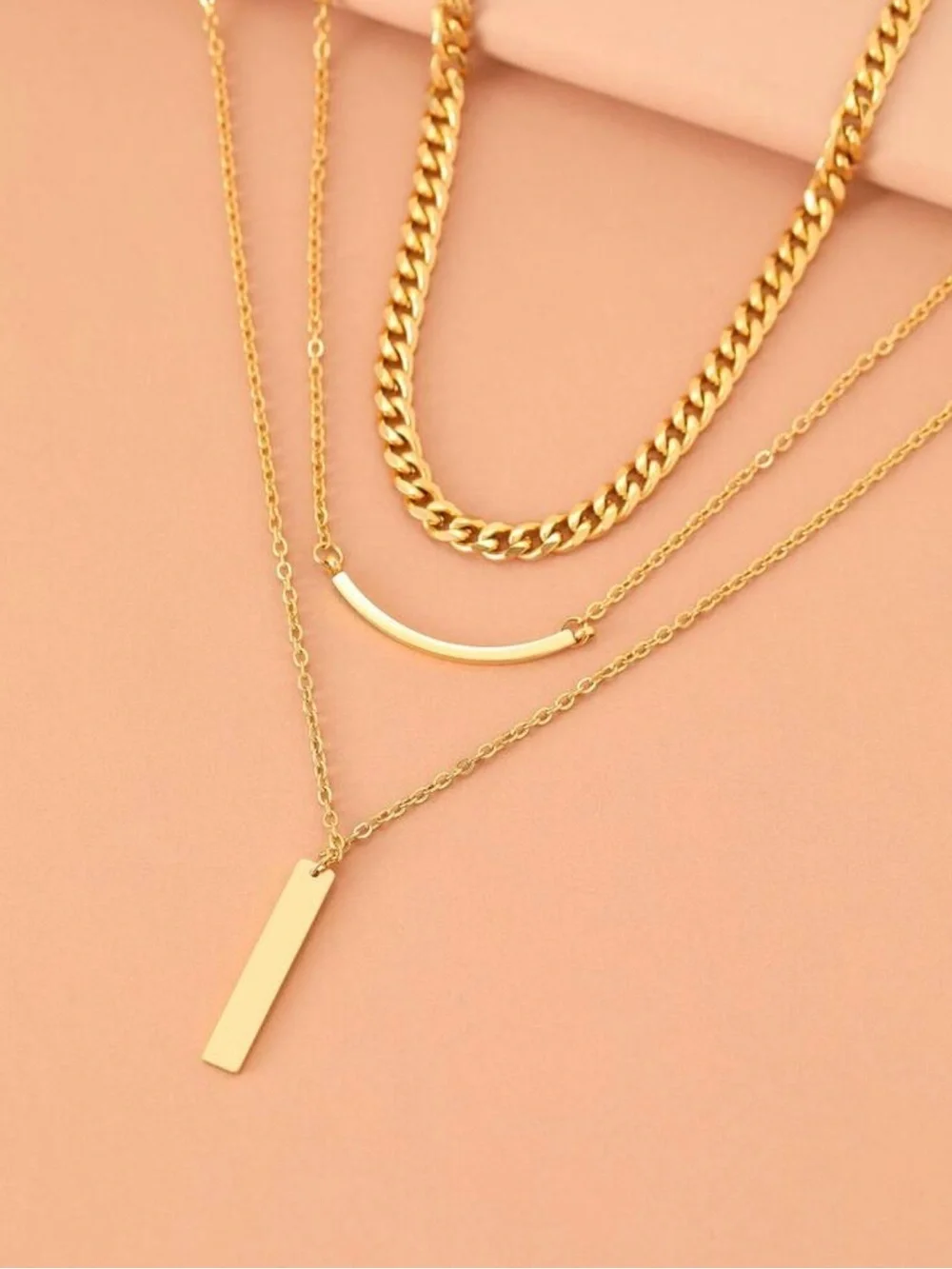 Gold Layered Bar and Curb Chain Necklace Set - Women's Jewelry